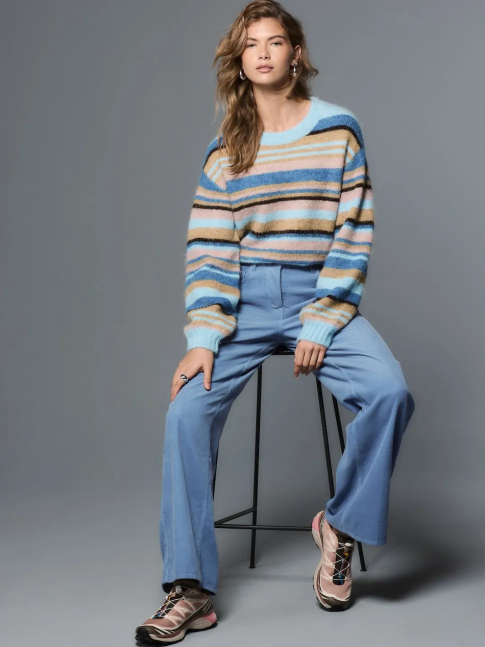 Bleu clair - Pantalon large en velours côtelé