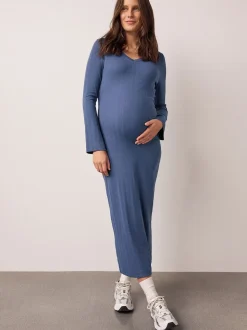 Bleu clair - Robe côtelée à col en V cravatée dans le dos