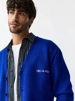 Bleu cobalt - Cardigan Coupe classique à motif Poitrine Brodé