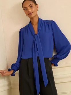 Bleu cobalt - Chemisier Love & Roses manches longues à nœud lavallière