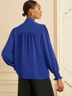 Bleu cobalt - Chemisier Love & Roses manches longues à nœud lavallière