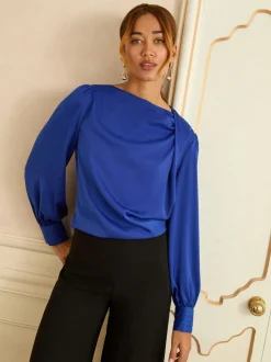 Bleu cobalt - Love & Roses Chemisier en satin à Manches longues et Col bénitier