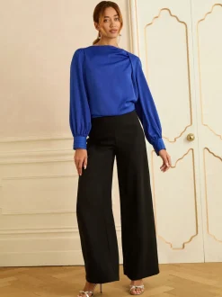 Bleu cobalt - Love & Roses Chemisier en satin à Manches longues et Col bénitier