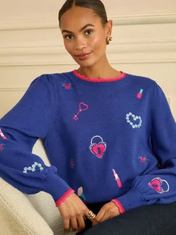 Bleu cobalt - Love & Roses pull en maille brodée