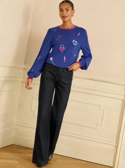 Bleu cobalt - Love & Roses pull en maille brodée