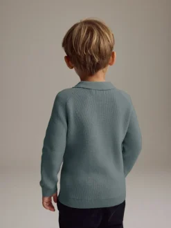 Bleu de sarcelle - Manches longues Quarter Zip Knitted Polos (3mths-7yrs)