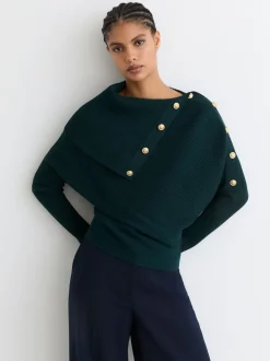 Bleu de sarcelle - Pull châle Reiss Lexi en maille côtelée à boutons