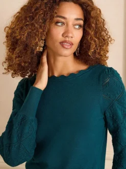 Bleu de sarcelle - Pull Love & Roses Bobble Stitch en maille festonnée