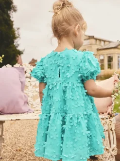 Bleu de sarcelle - Robe manches courtes  3D Flowers Robe (3mois -8ans)