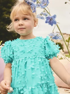 Bleu de sarcelle - Robe manches courtes  3D Flowers Robe (3mois -8ans)