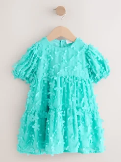 Bleu de sarcelle - Robe manches courtes  3D Flowers Robe (3mois -8ans)