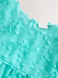 Bleu de sarcelle - Robe manches courtes  3D Flowers Robe (3mois -8ans)