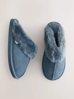 Bleu Denim - Chaussons mules en daim doublés de fausse fourrure