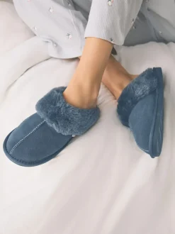 Bleu Denim - Chaussons mules en daim doublés de fausse fourrure