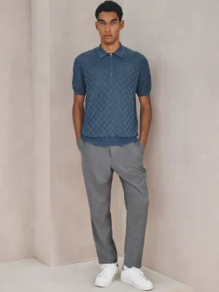 Bleu Denim - Polo N. Premium Coupe classique en maille à manches courtes et col zippé à damiers