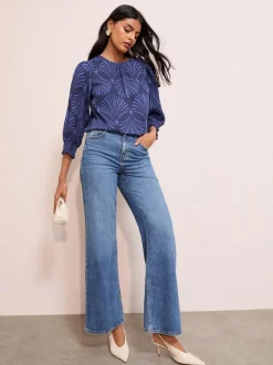 Bleu Fan Imprimé - Friends Like These Chemisier à manches froncées 3/4