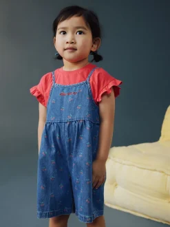 bleu foncé - Combinaison et T-shirts en Denim imprimé cerise (3mois-7ans)