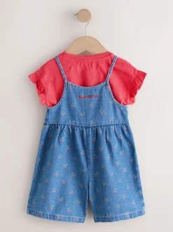 bleu foncé - Combinaison et T-shirts en Denim imprimé cerise (3mois-7ans)