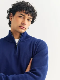 bleu foncé - Uni - Pull N.Premium Coupe classique 100% Coton Premium à fermeture éclair