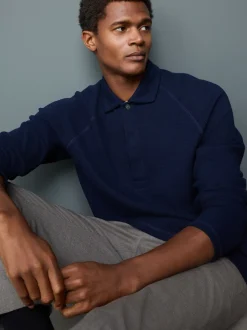 Bleu indigo - Manches longues - Polo texturé à manches longues gaufré