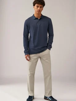 Bleu marine - Ajustement régulier - Polo à manches longues en piqué