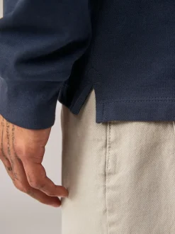 Bleu marine - Ajustement régulier - Polo à manches longues en piqué