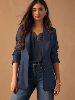 Bleu marine - Blazer ajusté à simple boutonnage en Denim style militaire