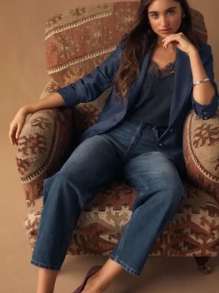 Bleu marine - Blazer ajusté à simple boutonnage en Denim style militaire