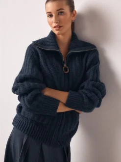 Bleu marine - Cardigan à col zippé en maille surpiquée