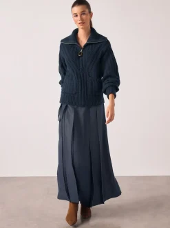 Bleu marine - Cardigan à col zippé en maille surpiquée