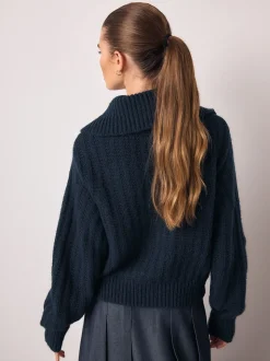 Bleu marine - Cardigan à col zippé en maille surpiquée
