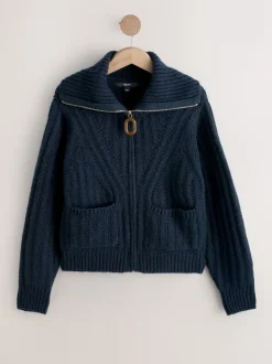 Bleu marine - Cardigan à col zippé en maille surpiquée