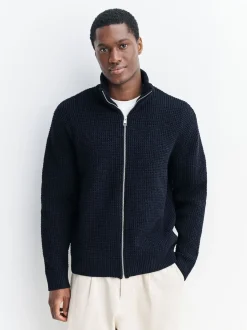 Bleu marine - Cardigan zippé en chenille Texture gaufré Coupe classique