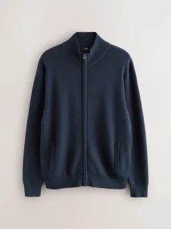 Bleu marine - Cardigan zippé N.premium coupe classique 100% coton haut de gamme