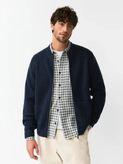 Bleu marine - Cardigan zippé à texture côtelée en laine