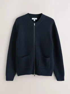 Bleu marine - Cardigan zippé à texture côtelée en laine