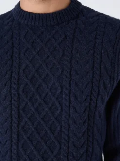 Bleu marine - Col rond en maille torsadée d’Aran Coupe classique avec laine