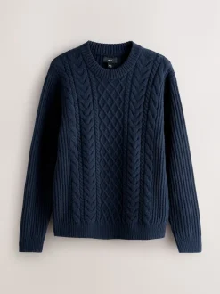 Bleu marine - Col rond en maille torsadée d’Aran Coupe classique avec laine