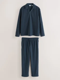 Bleu marine - Ensemble pyjama à col trophée à manches longues en éponge