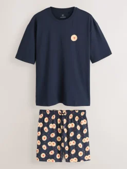 Bleu marine - Ensemble pyjama imprimé en jersey à manches courtes