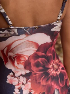 Bleu marine à fleurs - Maillot de bain bandeau gainant