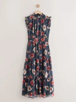 Bleu marine à fleurs - Robe longue imprimée à col haut et à volants