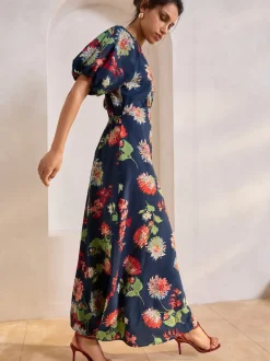 Bleu marine à fleurs - Robe mi-longue imprimée à manches bouffantes