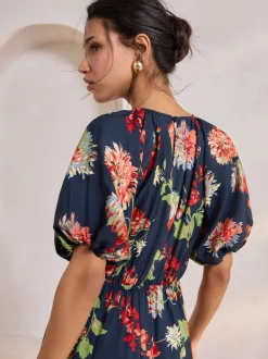 Bleu marine à fleurs - Robe mi-longue imprimée à manches bouffantes