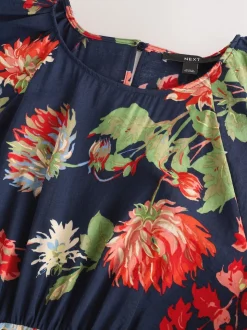 Bleu marine à fleurs - Robe mi-longue imprimée à manches bouffantes