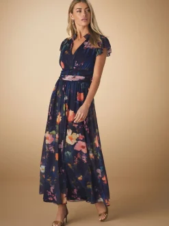 Bleu marine à fleurs - Robe longue Grande occasion à col en V Imprimé en maille Plissé