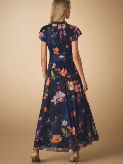 Bleu marine à fleurs - Robe longue Grande occasion à col en V Imprimé en maille Plissé