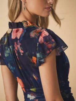 Bleu marine à fleurs - Robe longue Grande occasion à col en V Imprimé en maille Plissé