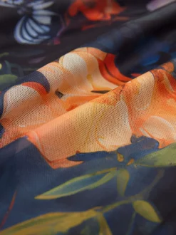 Bleu marine à fleurs - Robe longue Grande occasion à col en V Imprimé en maille Plissé