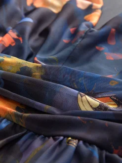 Bleu marine à fleurs - Robe longue Grande occasion à col en V Imprimé en maille Plissé